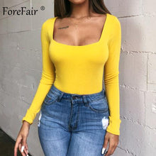 Load image into Gallery viewer, Forefair Sexy Bodycon Bodysuit Long Sleeve Square Neck Sheath Open Crotch Basic White Black Red Overalls Women Body Top