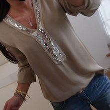 Load image into Gallery viewer, Fashion Women Ladies Long Sleeve Loose Blouse Summer V-Neck Casual Shirts Tops Clothing Sequined Solid Casual Soft Clothes