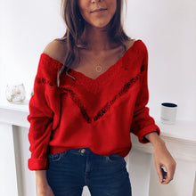 Load image into Gallery viewer, 2019 Sexy Low Cut Lace Patchwork White Long Sleve Women Blouse Sexy Tops and Blouse Fall Tops Women