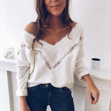 Load image into Gallery viewer, 2019 Sexy Low Cut Lace Patchwork White Long Sleve Women Blouse Sexy Tops and Blouse Fall Tops Women