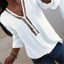 Load image into Gallery viewer, Plus Size Women V-neck Long Sleeve Chiffon Shirt Casual Loose Sequin Top Sequined 2019 Summer Fashion Ladies Blouse blusa