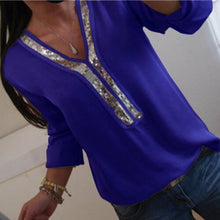 Load image into Gallery viewer, Plus Size Women V-neck Long Sleeve Chiffon Shirt Casual Loose Sequin Top Sequined 2019 Summer Fashion Ladies Blouse blusa