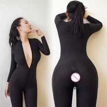 Load image into Gallery viewer, FCCEXIO Dame Black Striped Sheer Bodysuit Smooth Fiber 2 Zipper Long Sleeve Sexy Jumpsuit  Women Love Game Jumpsuits &amp; Rompers