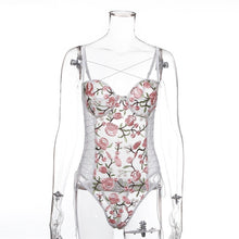 Load image into Gallery viewer, Lace Bodysuit Women Floral Embroidery Sexy Straps Transparent Bodysuit Ladies White Mesh Bodysuit Jumpsuit Overalls Sleepwear